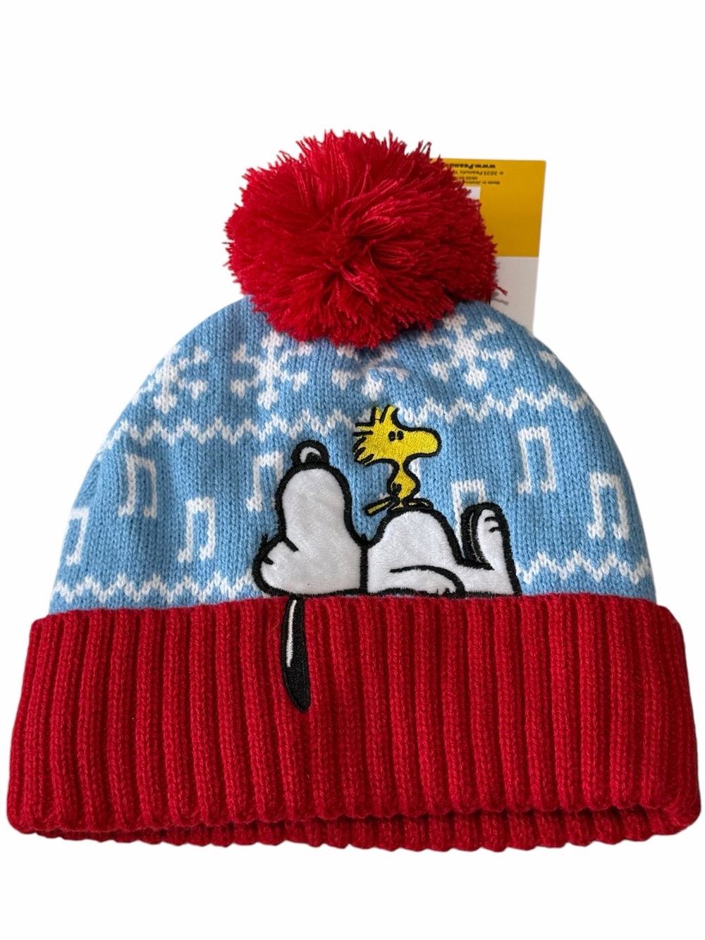 NWT Peanuts Snoopy Woodstock Holiday Beanie Hat Pompom Blue Red One Size
